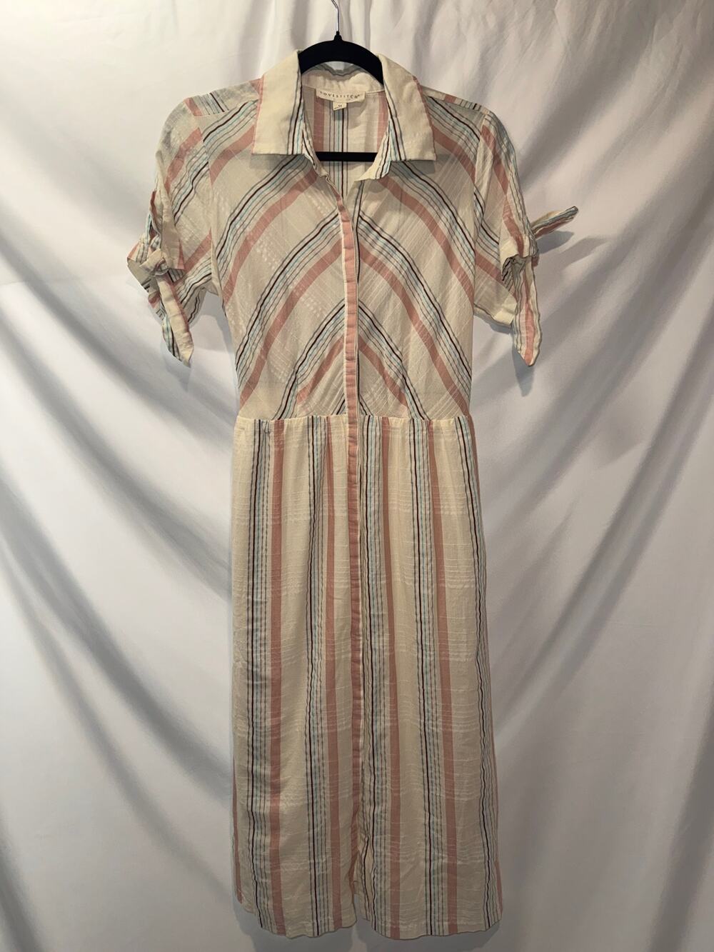 Lovestitch M Striped Midi Dress Back Tie Short Sleeve Boho Coastal